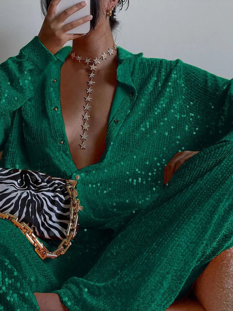 Hbenna Sparkly 3Pcs Set Frauen Party Outfits Für Frauen Sequin Top Bluse Hemd Und Hosen Anzug Weibliche Luxus Set zwei-stück Frauen