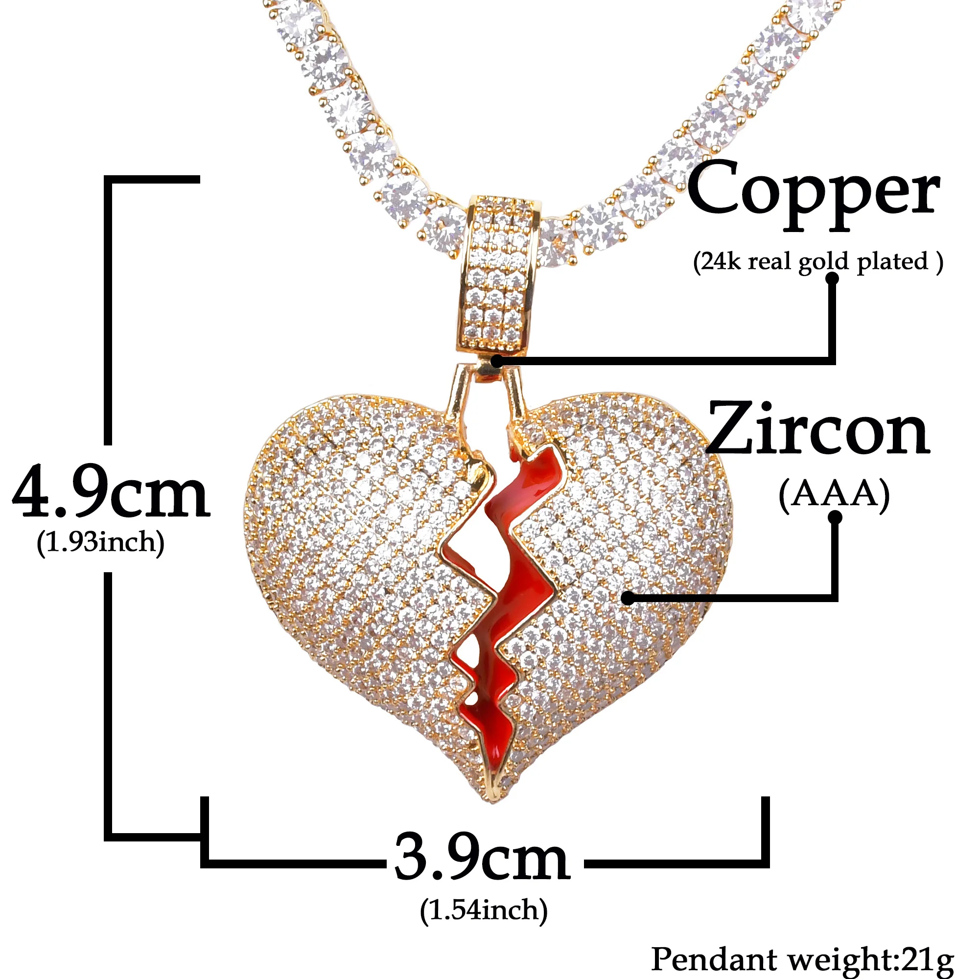 Broken Heart Pedant Necklace For Women Real Gold Plated Hip Hop Jewelry