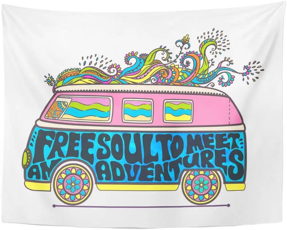 Tapestry Hippie Vintage Car Mini Van Ornamental Love and Music with Hand Written Fonts Doodle Hippy Color Retro Tapestries Wall