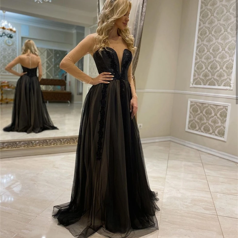 

Black Evening Dress A-Line Illusion Full Sleeve Lace Appliques Sequined Beads Button Floor Length Court Train Party Prom Gown