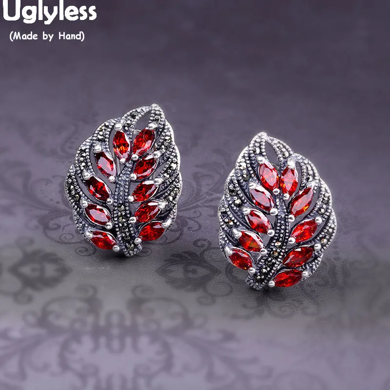 Uglyless Party Queen Leaf Studs Earrings for Women Real Thai Silver Garnet Earrings Solid 925 Silver Brincos Fine Jewelry E1496