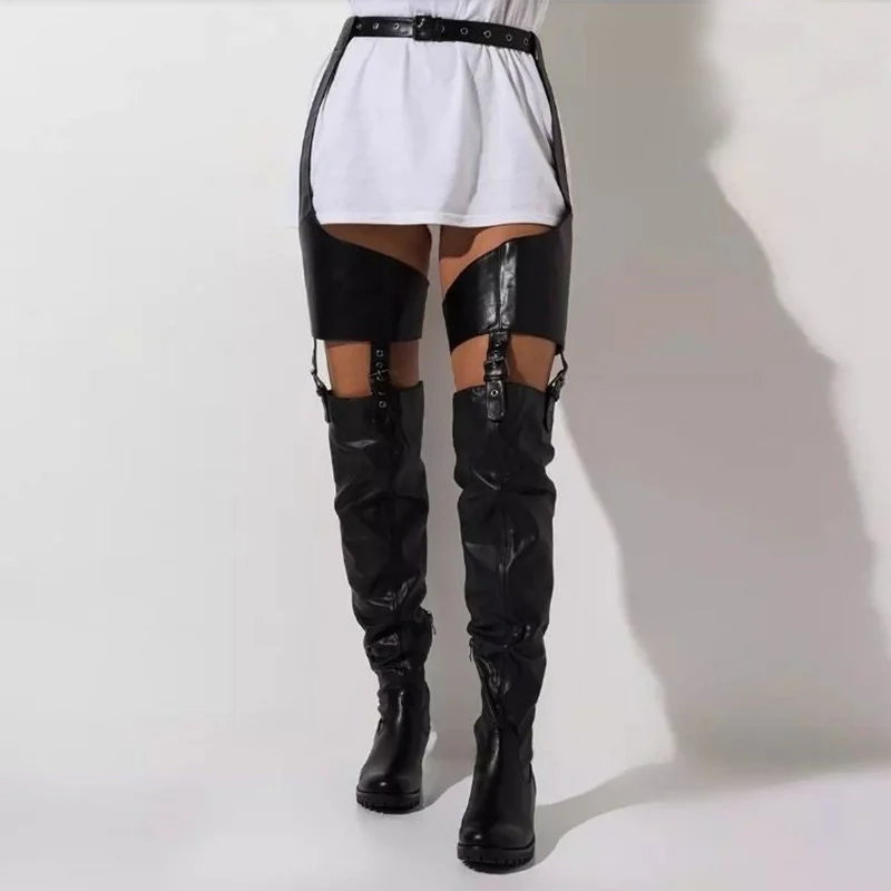 2024 Size 46 Low Heels Belt Thigh High Boots Fashion Women Shoes Pu Leather Over The Knee Boots Catwalk Shoes