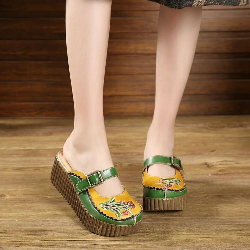 GKTINOO 2024 Wedge Slides Shoes Women Cover Toes Buckle Flower Cut Out Summer Female Genuine Leather Platform Slippers