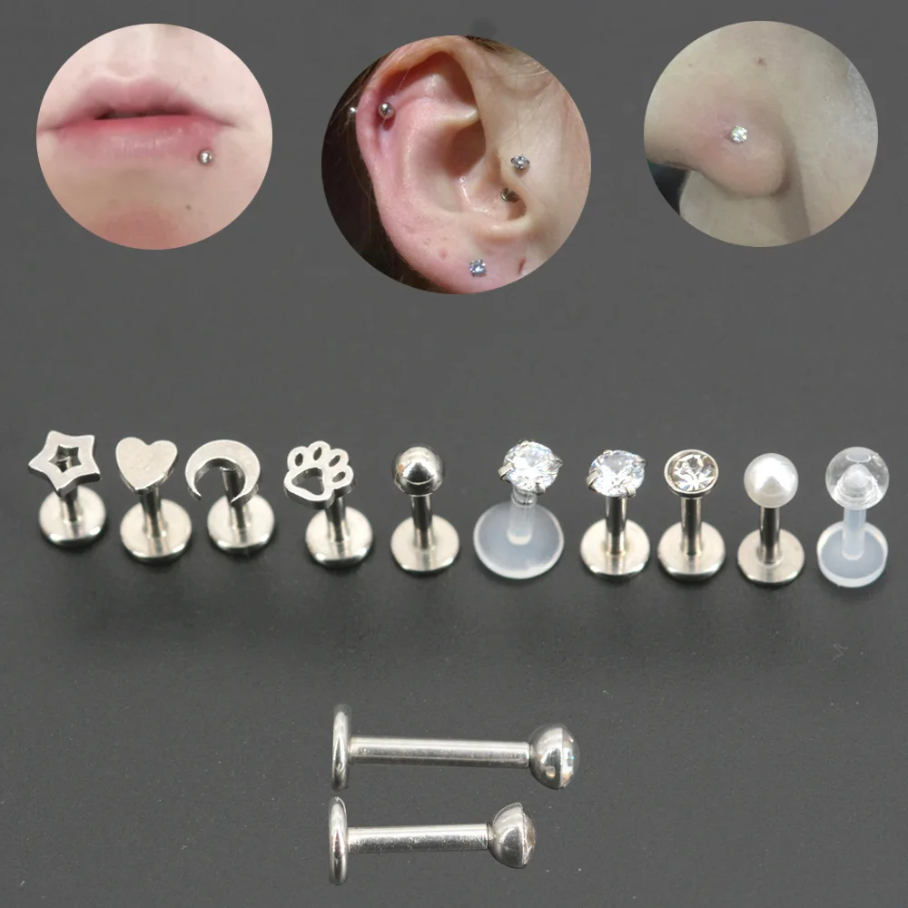 10Pcs 1.2x6/8mm Moon Star Labret Lip Piercing Set Heart Nose Ring Ball Nostril Piercing Tragus Helix Earrings Ear Piercing Oreja