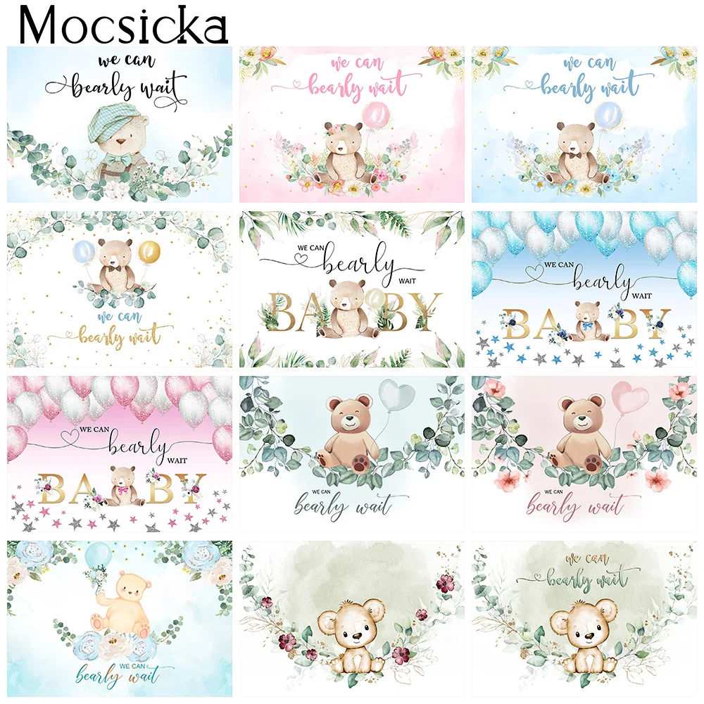 Mocsicka Baby Shower Boy Girl Photography Backgrounds Birthday Party Gender Reveal Backdrop Bear Flowers Blue Pink Decors Banner