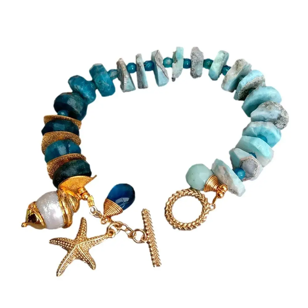 KKGEM كيشي لؤلؤة مطلية بالذهب حلية Seastar 9 "الطبيعية الأزرق لاريمار شريحة الخام سوار الأباتيت Rondelle تبديل المشبك