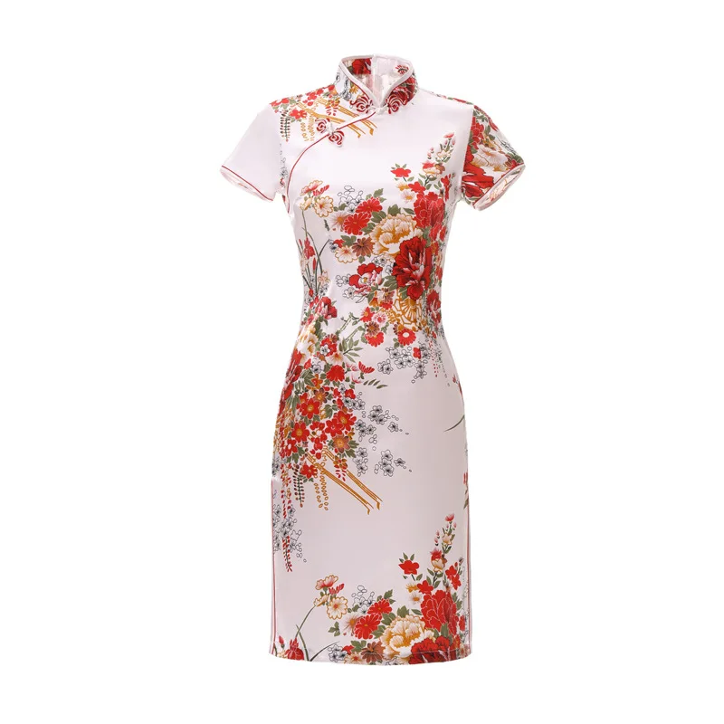 Sexy magro vestido de verão senhoras curto cheongsam tradicional estilo chinês vestido rayon impressão floral palco mostrar qipao