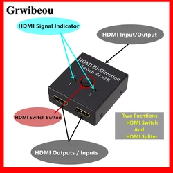 Grwibeou 양방향 수동 스위처, 4K x 2K UHD 2 포트, 2x1 1 1x2 HDMI AB 스위치, HDCP HDMI 스플리터, 모니터용 4K 1080P 지원