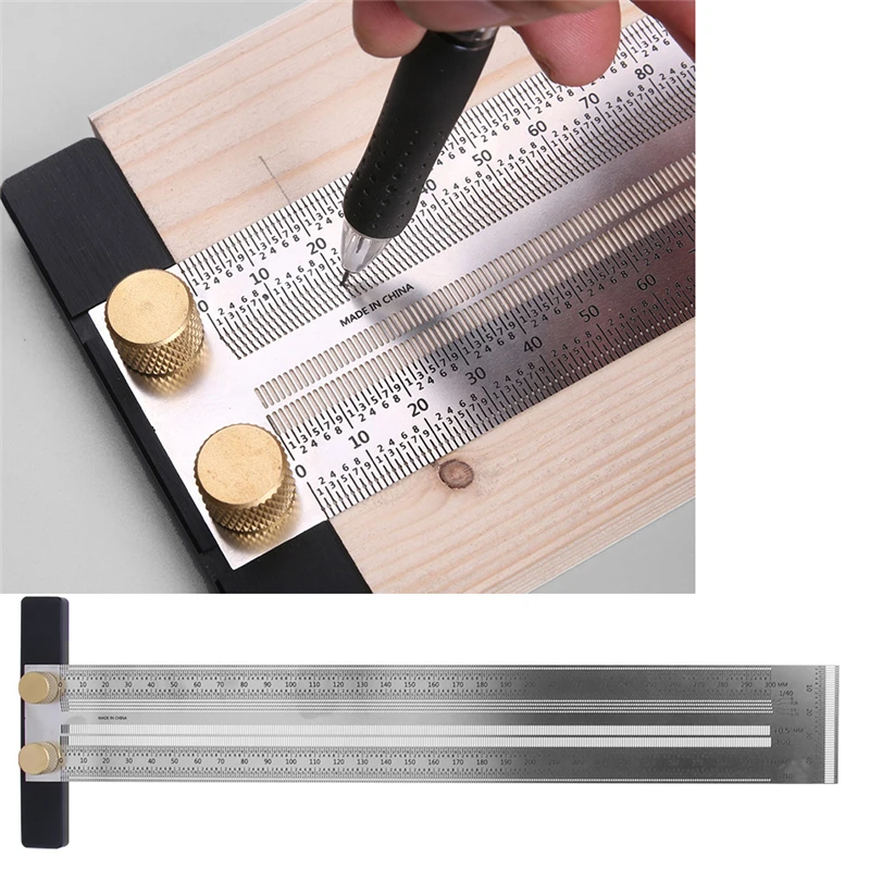 Scribing Thước Inox T Loại Lỗ Thước Scribing Đo Gỗ Đánh Dấu Góc Vuông Đo Nghề Mộc Dụng Cụ