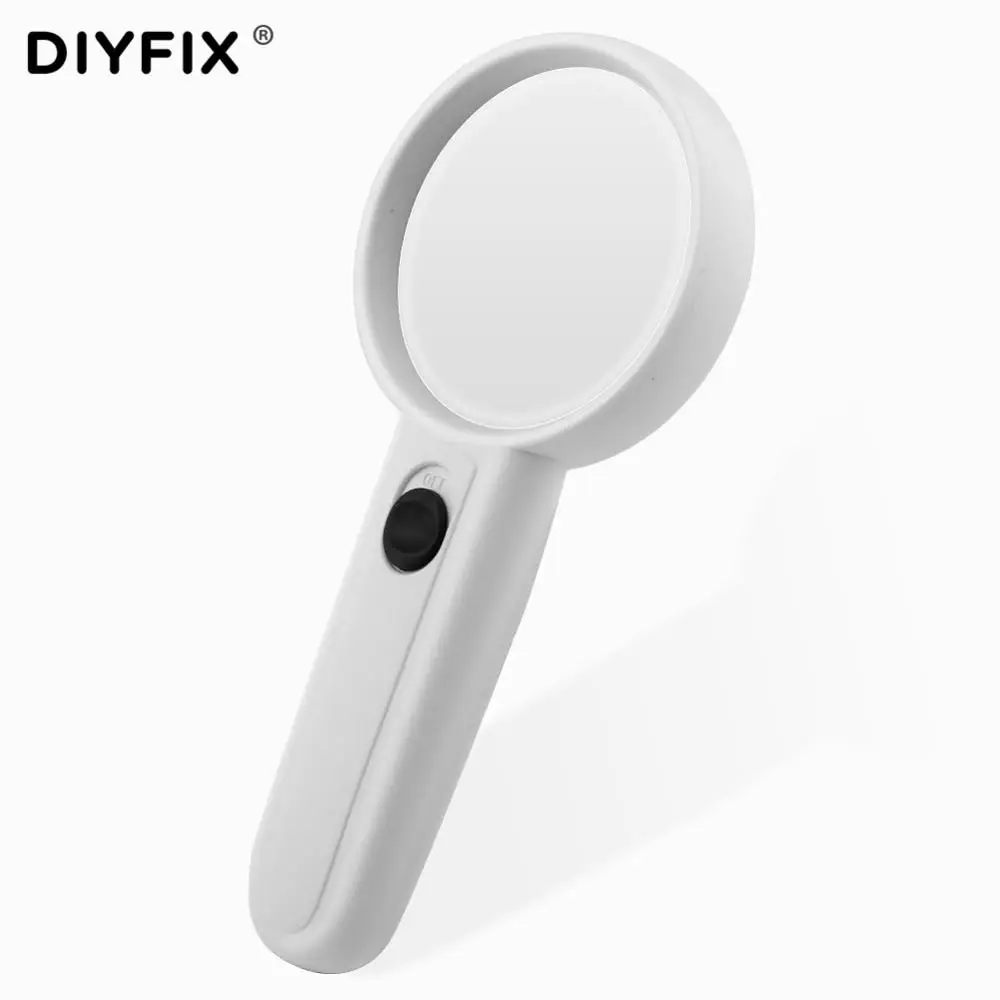 DIYFIX 4X Optical Magnifier Handheld Reading Magnifying Loupe Glass with 2 LED Lights Ergonomic Handle(Batteries not included)