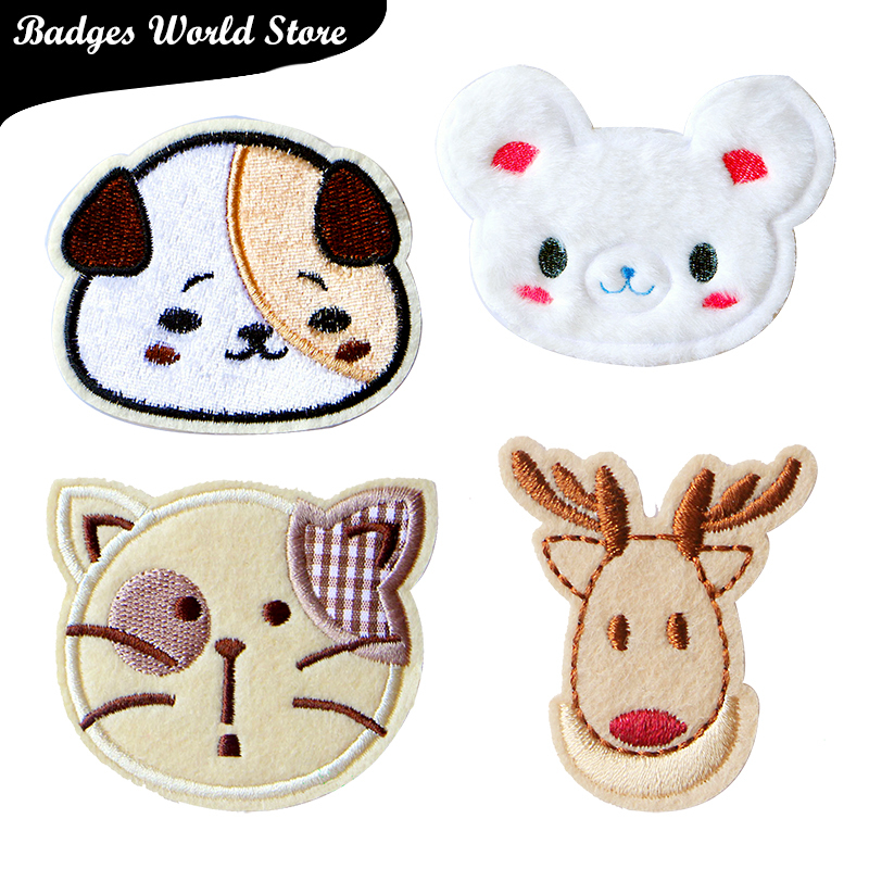  3D Colorful Dog Cat Deer Bear head Patch for Clothing Iron on Embroidered Sewing Applique Cute Sew On Fabric Badge DIY Apparel 