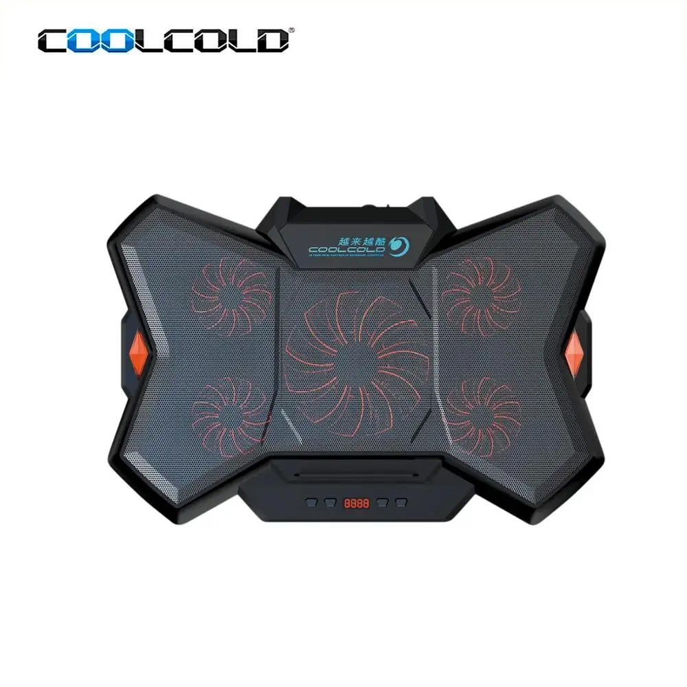 Coolcold new arrival notebook cooler pad led light gaming notebook cooler stand com 5 ventiladores e 2 usb para 17 polegadas