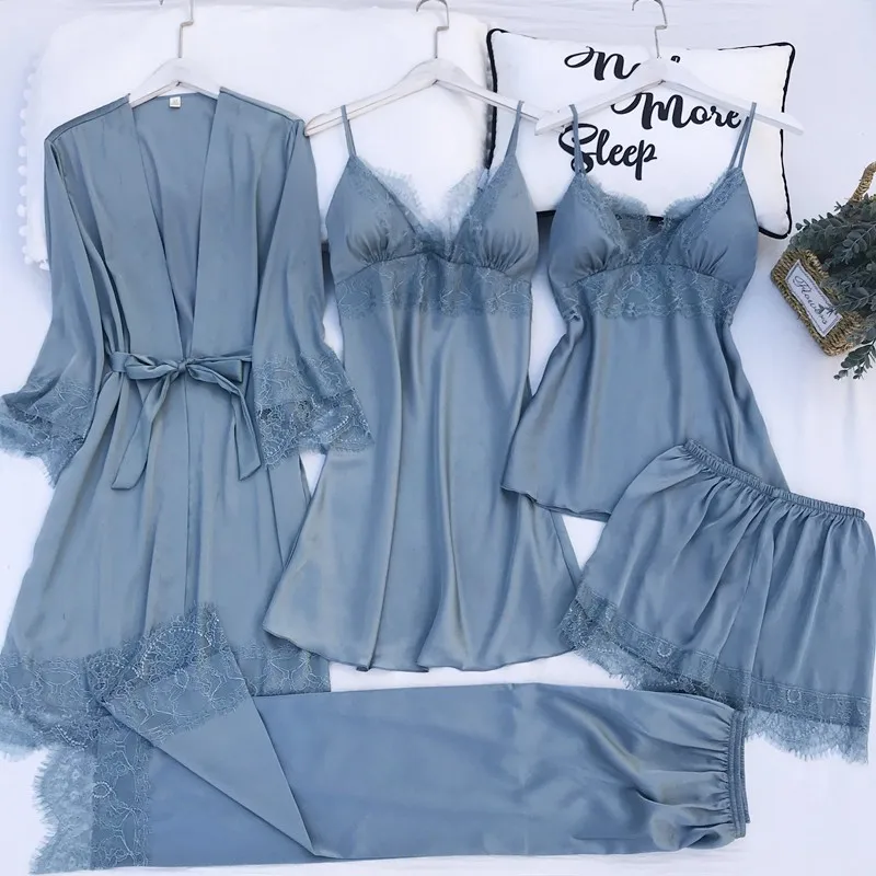 Women Nighty&Robe SET Kimono Gown Bride Bridesmaid Wedding Robe Sleepwear Suit Satin SEXY Lace Nightwear Casual Loose Nightgown