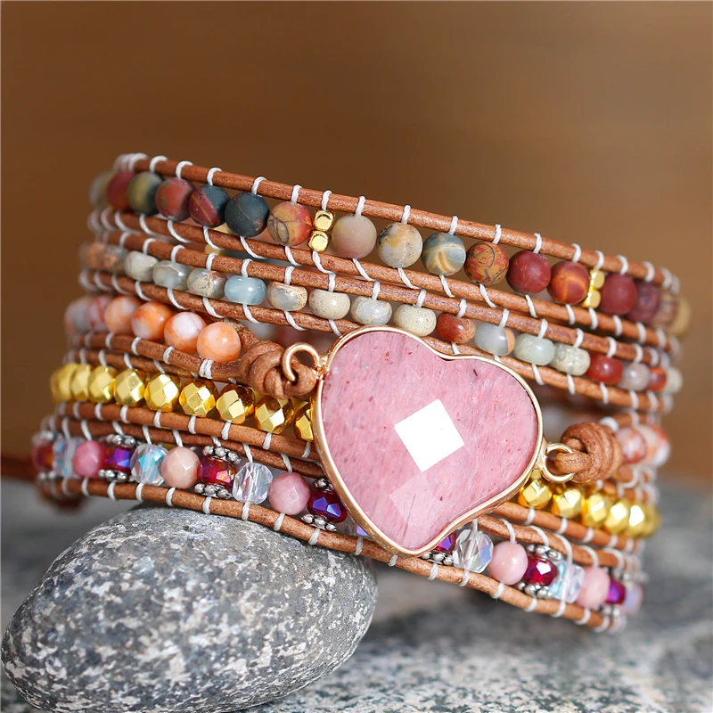 New Exquisite Multi Strands Rhodonite Heart Natural Stone Beads Wrap Bracelets Leather Crystal Woven Bracelet Teengirls Jewelry