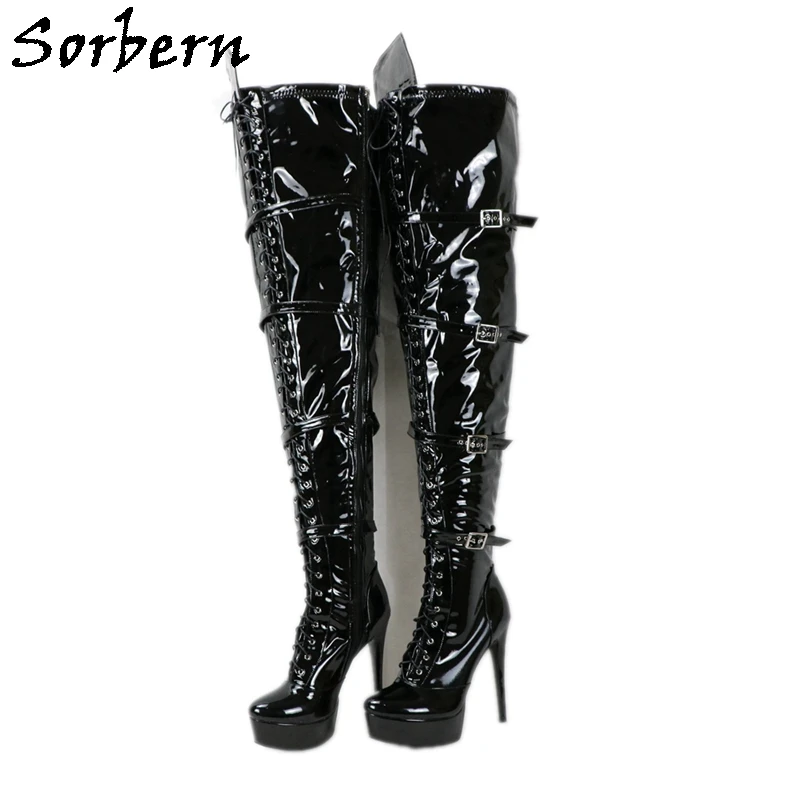 

Sorbern Custom Wide Fit Women Boots Buckle Straps High Heel Lace Up Patent Leather Long Platform Fetish Boot Crotch Thigh High