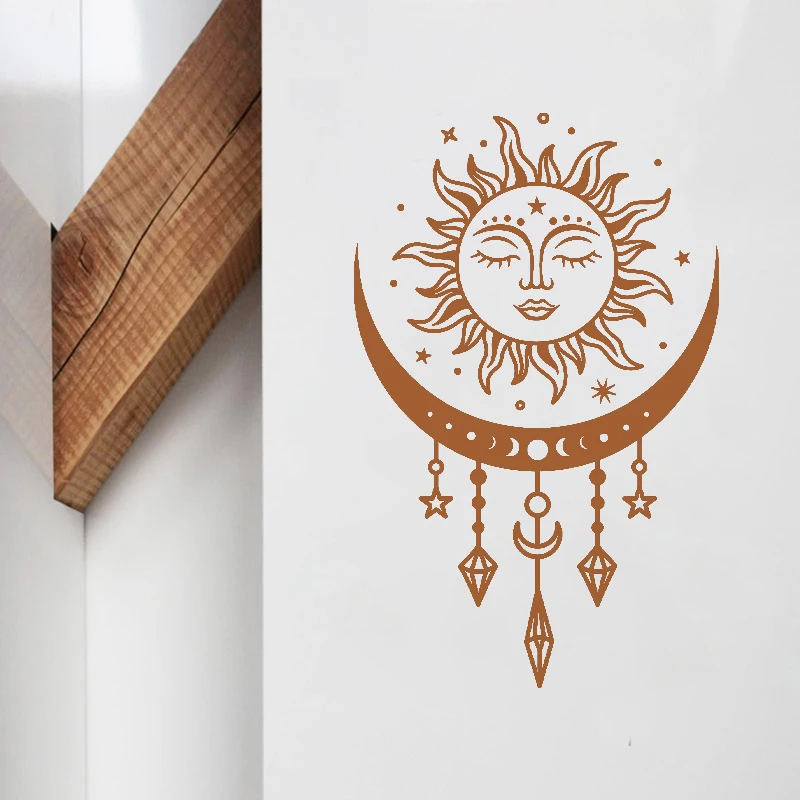 Sun and Moon Celestial Wall Decals Bedroom Wall Decoration Mural , Boho Mystical Magic Moon Vinyl Art Sticker Car Window Decor