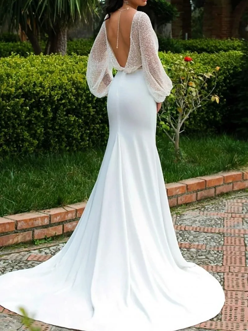 Eleganckie suknie ślubne z dekoltem w serek syrenka 2021 Top cekiny długie bufiaste rękawy Backless suknie ślubne Robe De Mariage