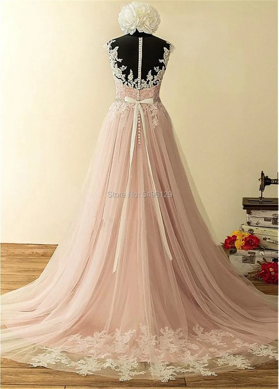 Tulle Jewel Neckline A-Line Wedding Dresses With Lace Appliques Rose Pink Long Bridal Dress with Beading Belt Vestido De Noiva