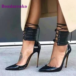 Pointy Ankle Wide Bandage Pumps Lace Up Thin High Heel Women's Shoe Patchwork Solid Cover Heel Summer Spring Pumps Party Dress