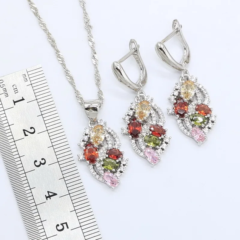 Classic Silver Color Jewelry Sets for Women Multicolor Zircon Necklace Pendant Earrings Ring Bracelet Wedding Gift