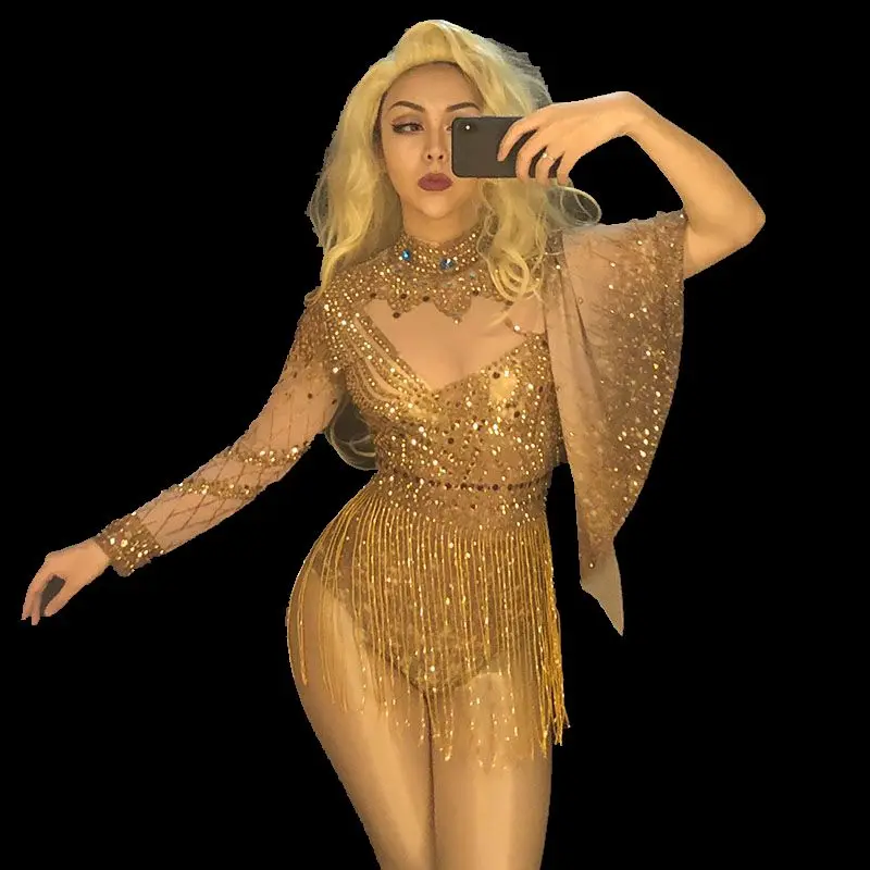 New Sparkly Sexy Gold Rhinestones Bodysuit Dance Costume Women Nightclub Outfit Birthday Party Wear Female Singer Stage Leotard