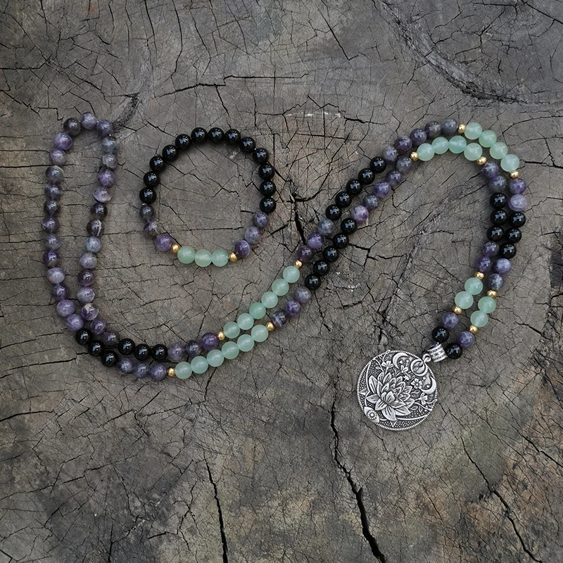 8mm ametista, aventura verde japa mala conjunto, lótus, meditação mala, namaste yoga jóias, budista mala oração grânulo, 108 mala contas