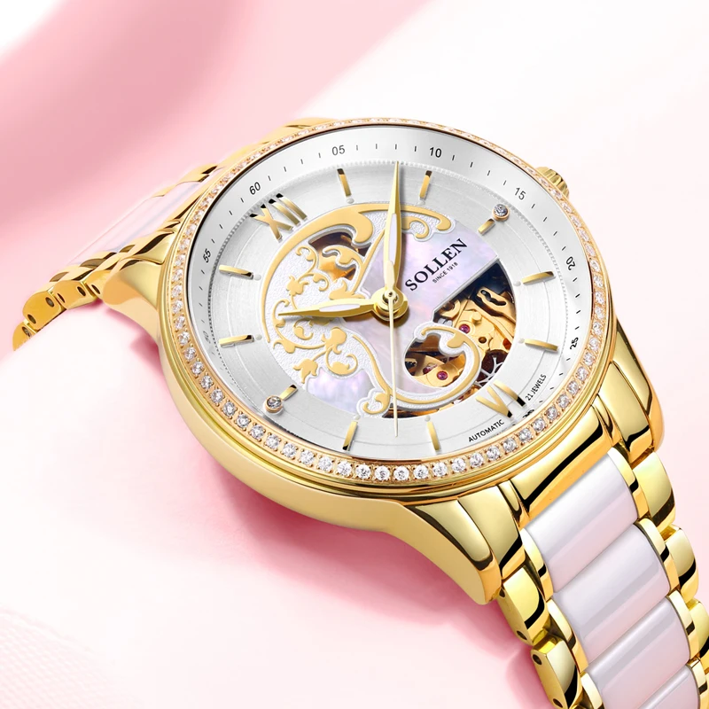 Switzerland Luxury Brand SOLLEN Japan MIYOTA 82S0 Automatic Mechanical Women's Watches Sapphire Waterproof Diamond Clock SL412