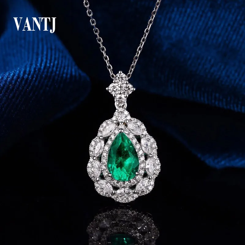 VANTJ Lab Grown Emerald Pendant Sterling 10K Gold Created Gemstone Moissanite for Women Lady Party Birthday Wedding Gift