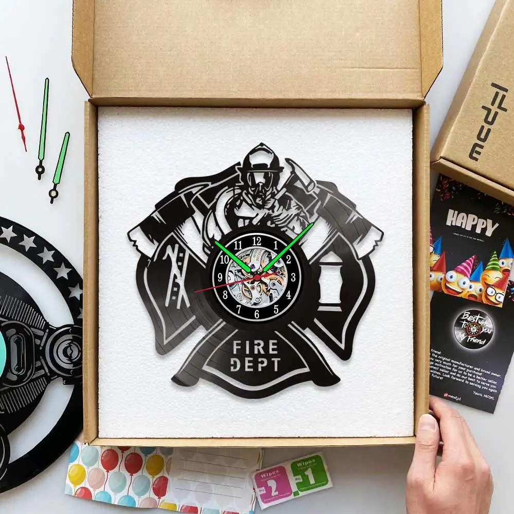 MCDFL Fire Department Vinyl Record Wall Clock Modern Watch Geek Mural Kitchen Decoration Industrial Stickers Rustic Home Decor