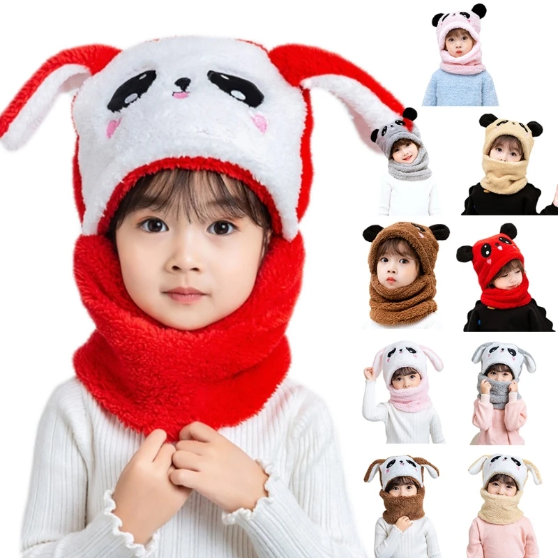 Adult Kids Winter Fuzzy Plush Balaclava Hat Cartoon Panda Rabbit Windproof Full Cover Earflap Hood Cap Neck Warmer Scarf