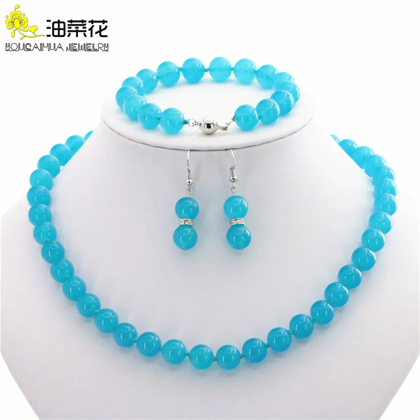 

Fashion Natural Stone 10mm Aquamarines Round Beads Necklace Bracelet Earrings Jewelry Sets Woman Girl Christmas Gift Making