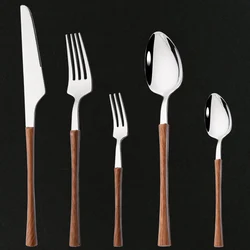 Wooden Handle Western Tableware Stainless Steel Dinnerware Cutlery Set Silver Knife Tea Fork Coffee Spoon Dinner Flatware Set