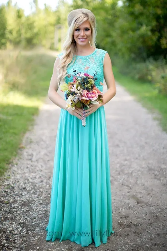 

Mint Green Cheap Bridesmaid Dresses Under 50 A-line Cap Sleeves Chiffon Lace Backless Long Wedding Party Dresses