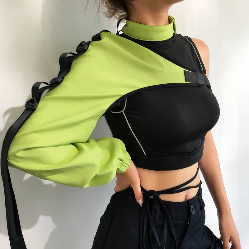 Darlingaga Streetwear Neon Halter Sweatshirt Hoodie Buckle Reflective Smock One Shoulder Women\'s Sweatshirts Holographic Outwear