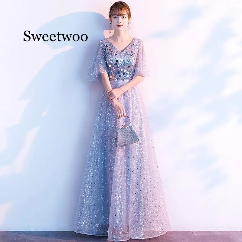 

Exquisite Bling Sequins Lady Qipao Party Dress Elegant Full Length Maxi Dress V-neck Robe De Soiree