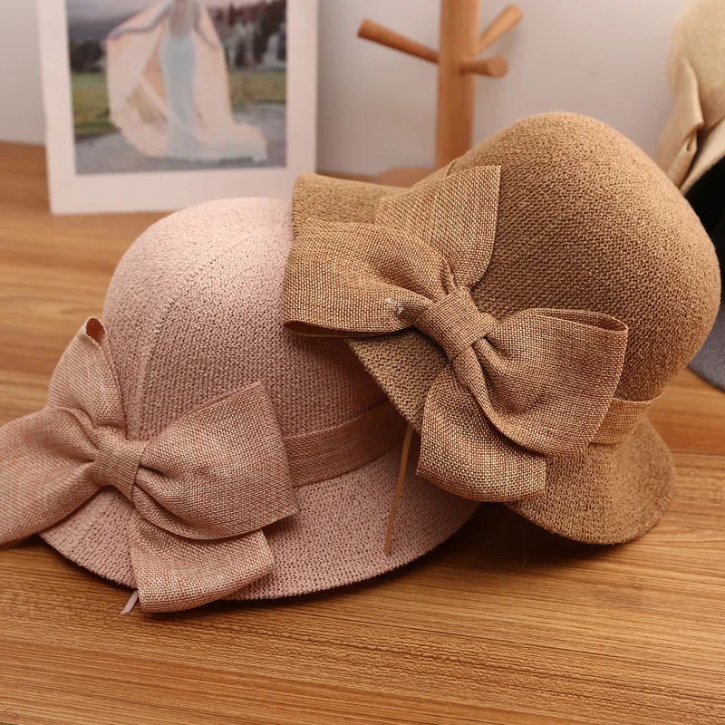 2021 fashion summer Women\'s bucket hat Straw made Bow hand-made straw hat foldable parent-child Panama hat children beach sun vi