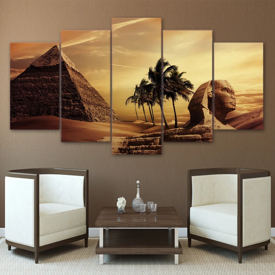 No Framed Canvas 5Pcs Pyramids Egypt Androsphinx Sunset Posters Wall Art Pictures Decoration Accessories Home Decor Paintings