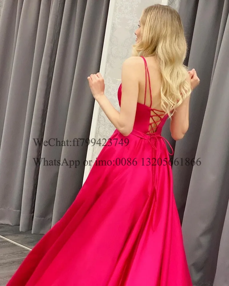 Abiti da ballo lunghi in raso fucsia a-line senza spalline con scollo a cuore Vestido abito da sera senza schienale con lacci per le donne