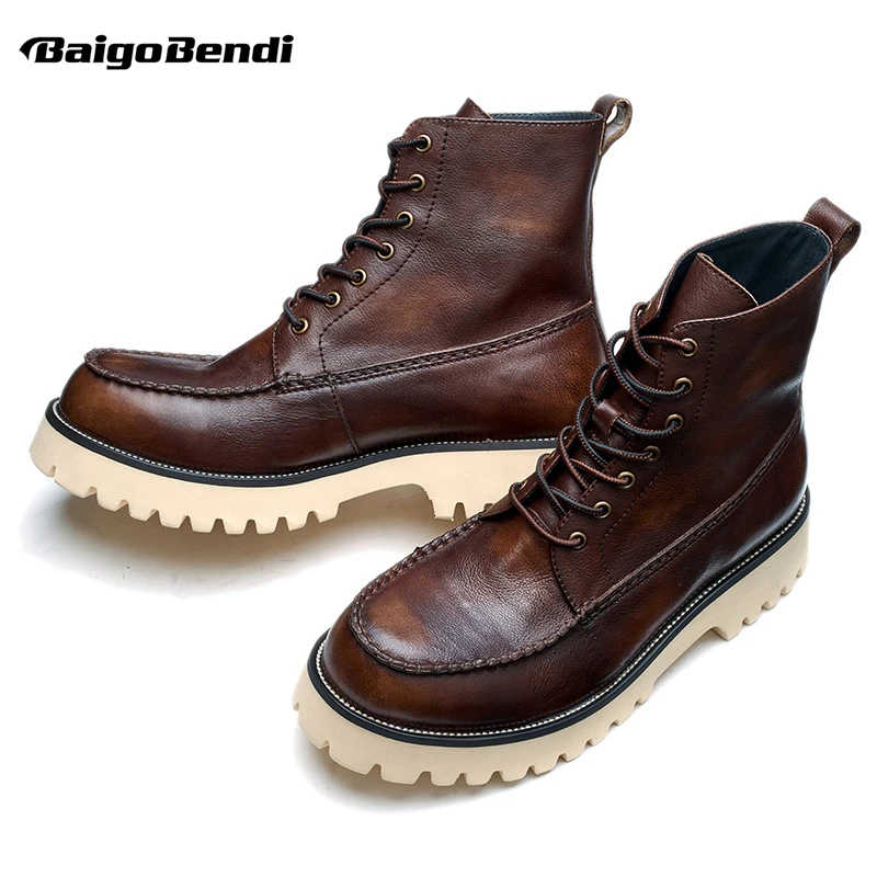 

MUST HAVE ! Retro Thick Sole Increased Soft Leather Work Boots Men Winter Warm Fur Locomotive Shoes Male Gift