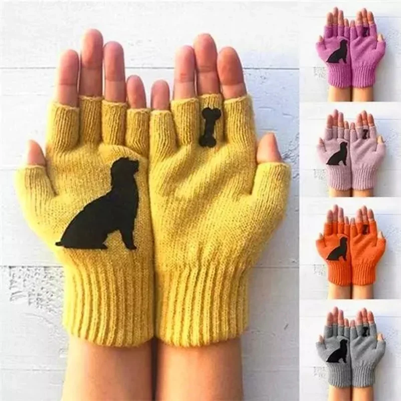 Guantes de punto sin dedos para mujer, con estampado de perro, cálidos, a la moda, Invierno, 2020