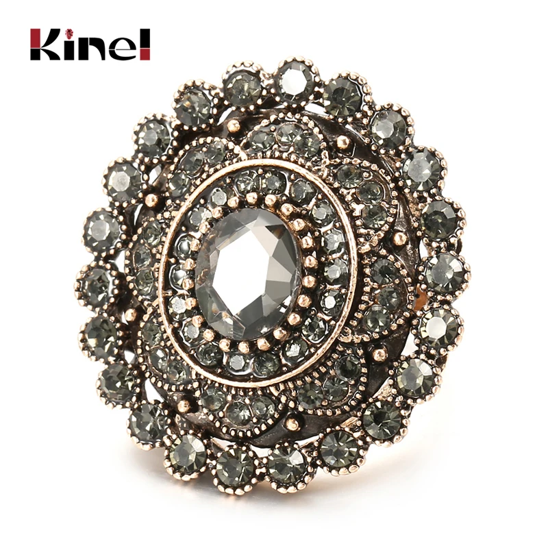 Kinel Fashion Women Ring Antique Gold Unique Grey Crystal Flower Big Rings Vintage Wedding Jewelry Drop Shipping