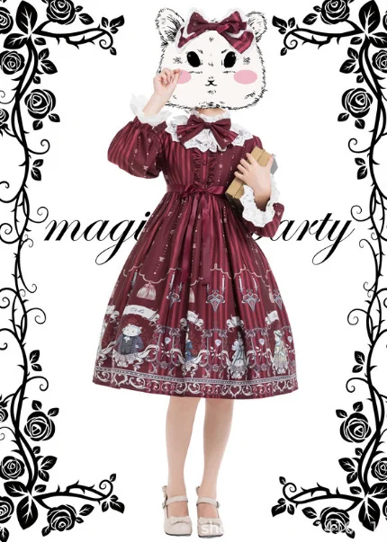 Japanese sweet lolita dress vintage stand puff sleeve high waist cute printing victorian dress kawaii girl gothic lolita op loli