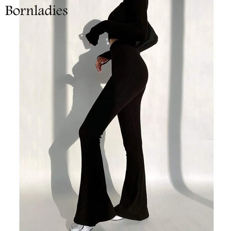 Bornladies 2022 Slim Sweater Tracksuits Short Jumpers & Elastic Waist Full Length Flare Pants Female Skinny Knitted 2 Pieces Set