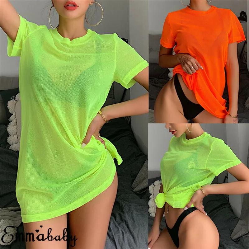 Sexy Women Sheer Mesh Bikini Cover Up Swimwear Swimsuit Bathing Suit See Through Short Sleeve T-shirt Tops Summer Beach Dress