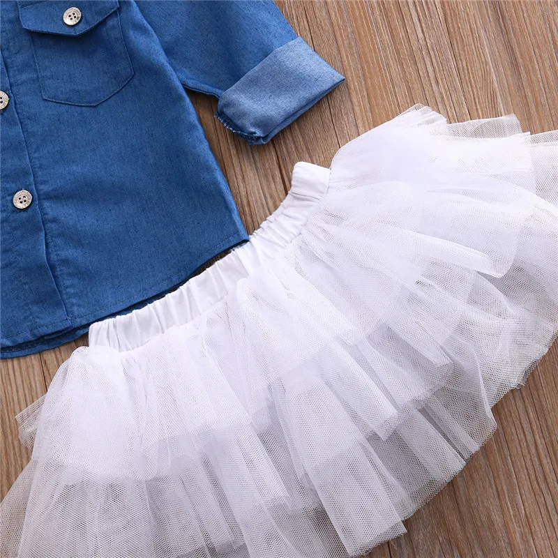 Fashion 0-5T Baby Girls Set Denim Shirt Top +Tutu Skirts+Headband 3pcs Outfits Sets Autumn Spring Set Kids Clothintg