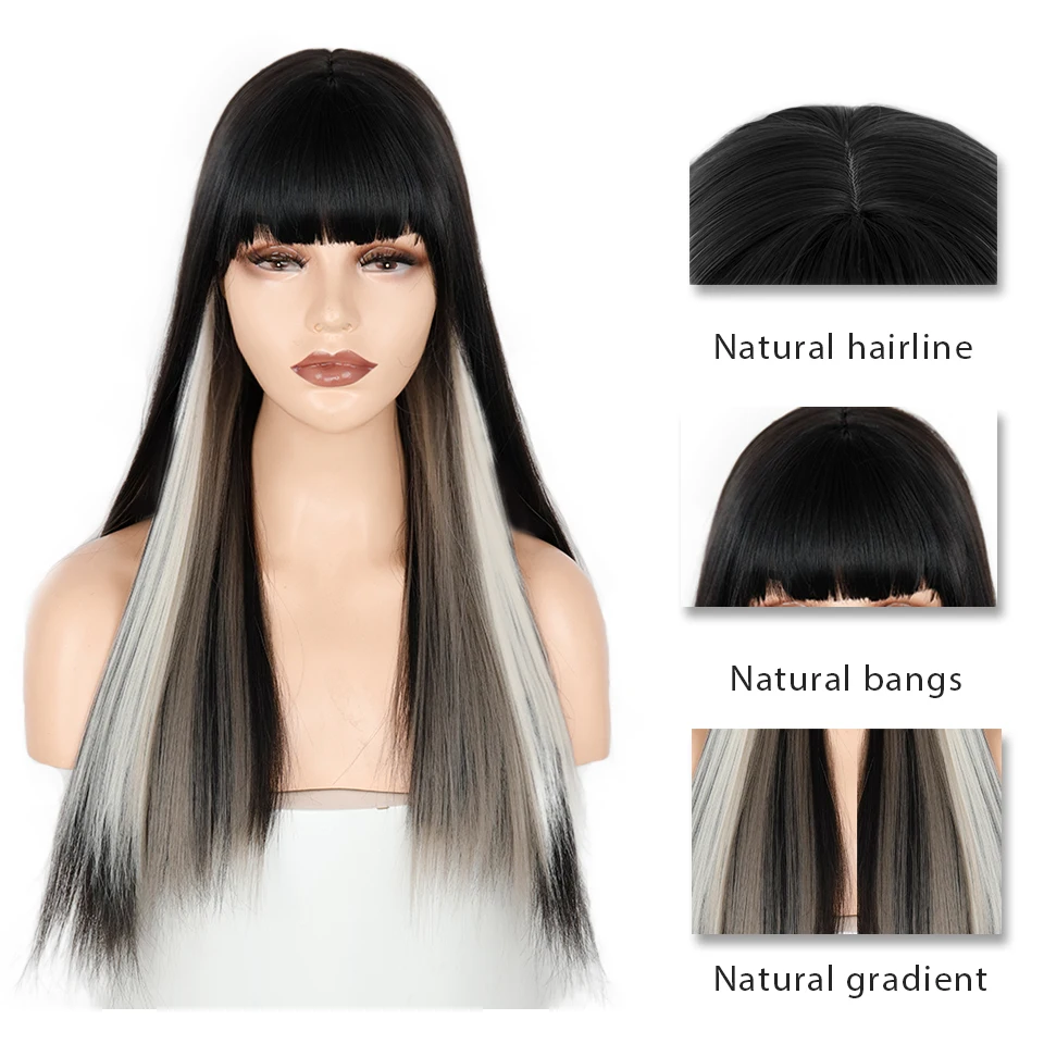 Perruque Synthétique Longue et Lisse avec Frange Mixte Noire et Blanche, Fibre Résistante à la Chaleur, Adaptée aux Femmes