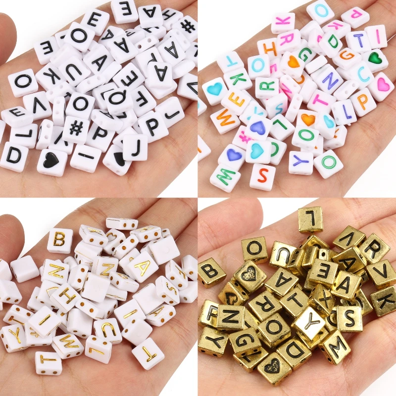 100/200/500pcs 8x9mm White Gold Color Acrylic Letter Beads Two Hole Flat Square Beads For Jewelry Making Diy Handmade Bracelet