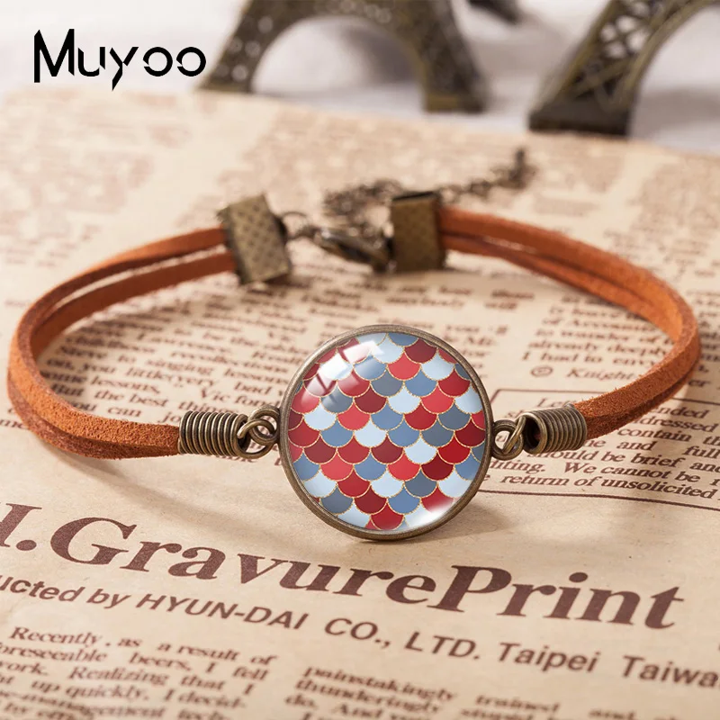 2021 New Mermaid Scales Painting Leather Bracelet Art Glass Dome Photo Bracelets Handmade Jewelry For Women