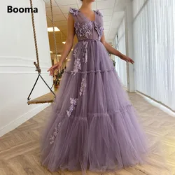 Booma V-Neck Purple Prom Dresses Sequin Appliques Exposed Boning A-Line Prom Gowns Sleeveless Tiered Tulle Formal Party Dresses