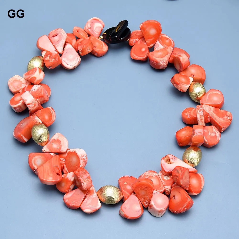 GG Natural Teardrop Orange Coral Gold Plated Beads Choker Necklace Handmade For Women